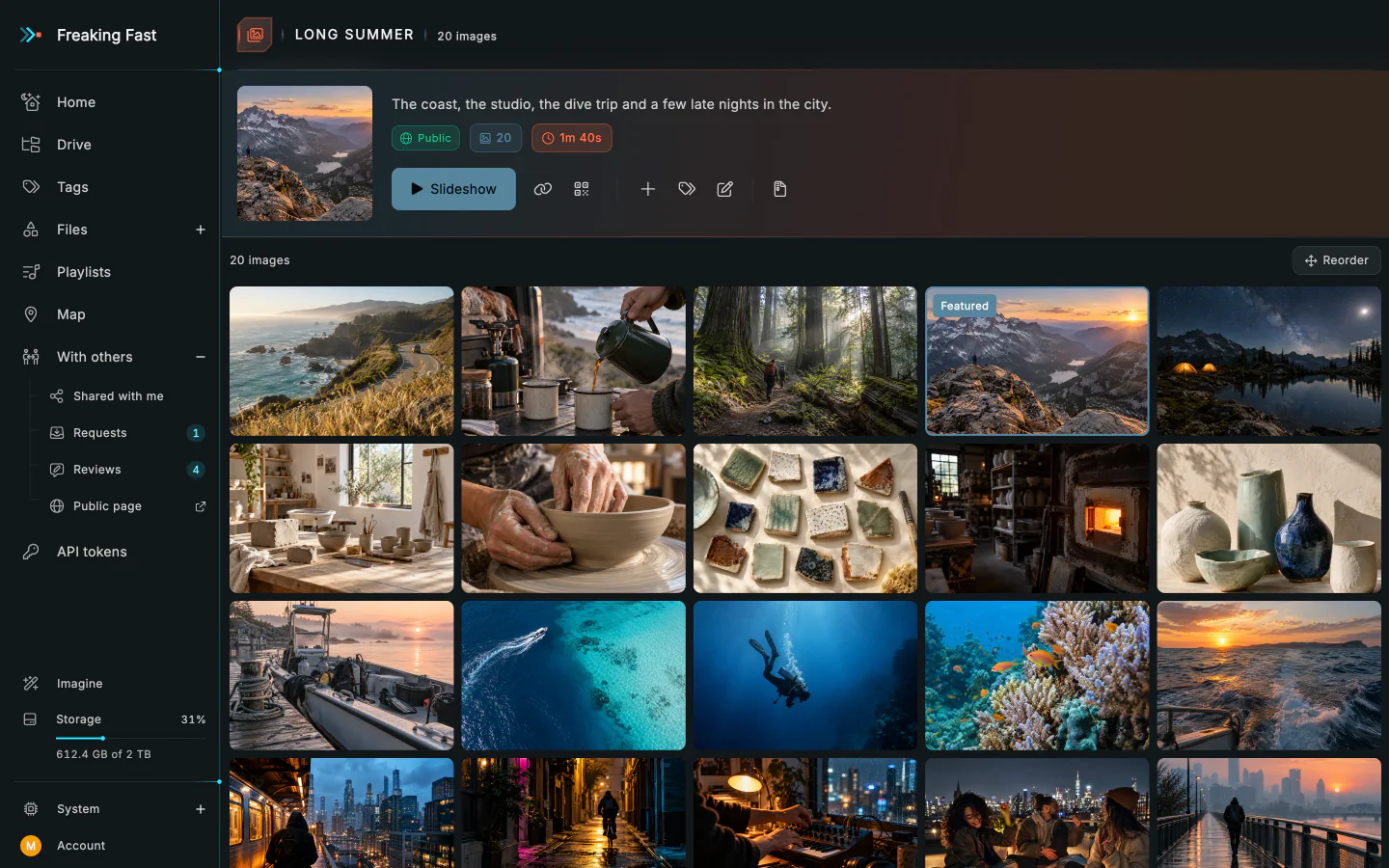 A gallery of twenty photos, from a coast road and a summit to a pottery studio, a dive and a city at night, one of them featured.